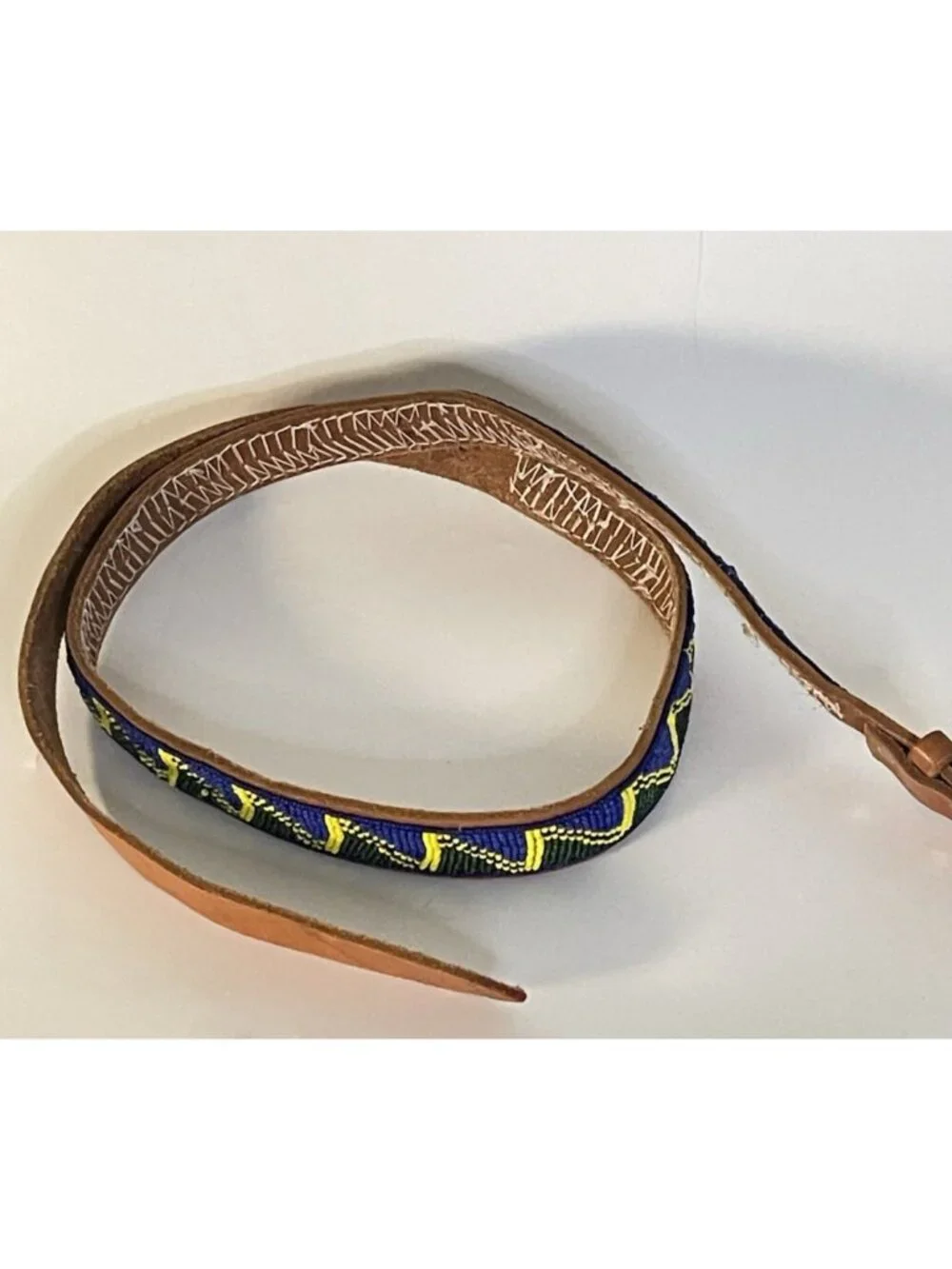 Maasai Inspired Beaded Leather Belt Blue Green Yellow Handmade 36